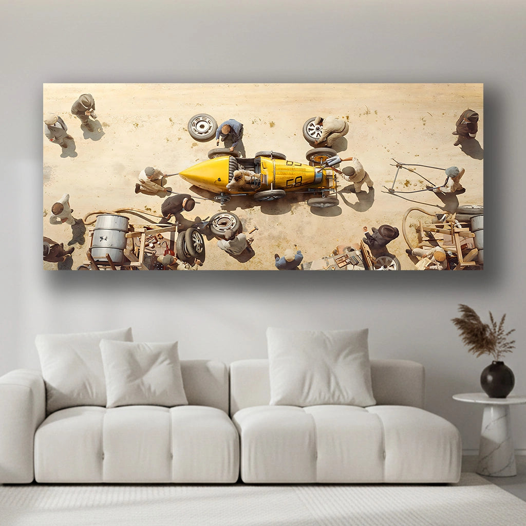 Golden Pit Ritual - Luxury Sports Car Canvas Wall Art, Modern Supercar Print for Living Room & Office Decor (High-Definition)