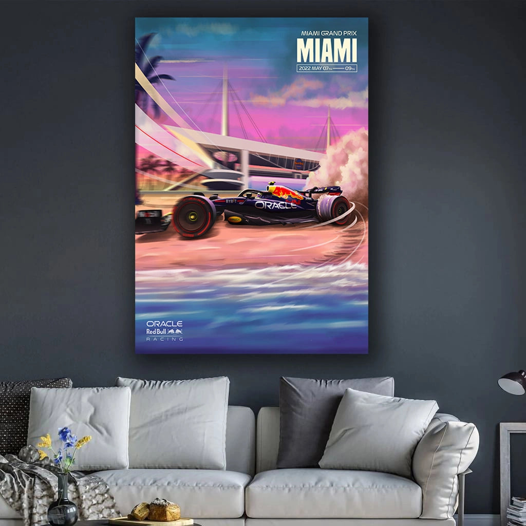Miami Sunset Grid - F1 Racing Car Canvas Print, Premium Formula 1 Motorsport Wall Art for Living Room & Office (Ready to Hang)