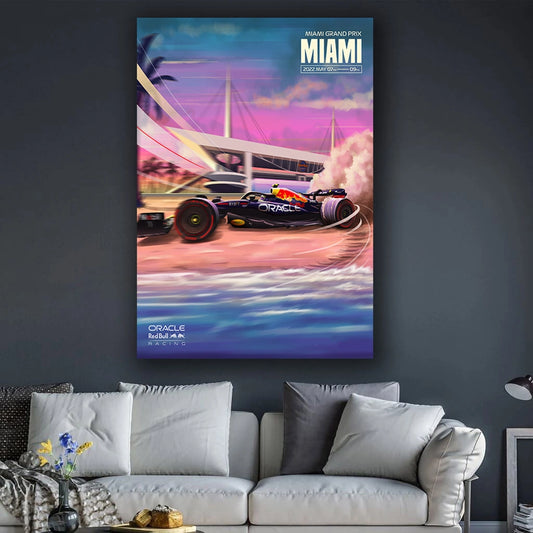 Miami Sunset Grid - F1 Racing Car Canvas Print, Premium Formula 1 Motorsport Wall Art for Living Room & Office (Ready to Hang)