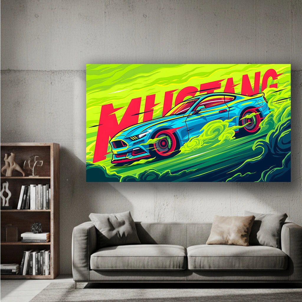 Neon Mustang Surge - Luxury Sports Car Canvas Wall Art, Modern Supercar Print for Living Room & Office Decor (High-Definition)
