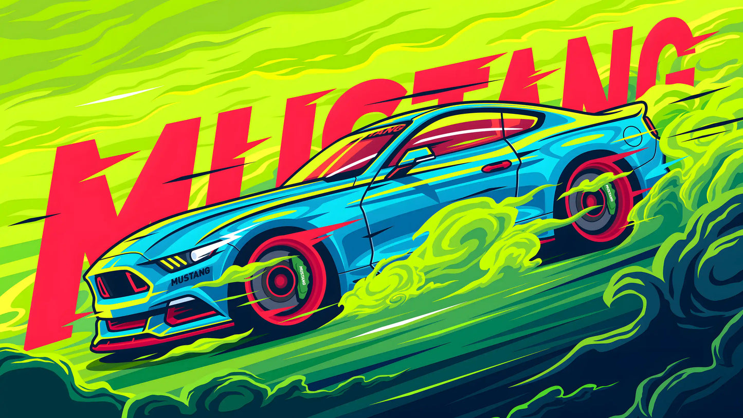 Neon Mustang Surge - Luxury Sports Car Canvas Wall Art, Modern Supercar Print for Living Room & Office Decor (High-Definition)
